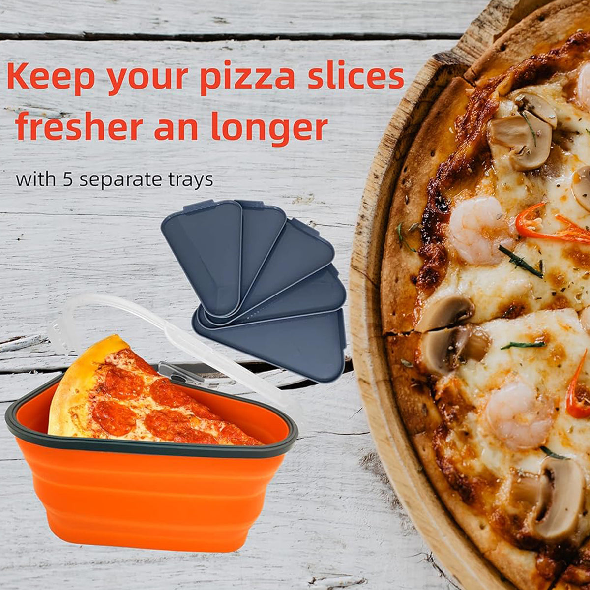 Wukusy reusable pizza storage containers with five microwavable silicone trays, expandable and adjustable for home or outdoor use.
