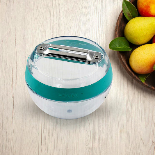Wukusy multifunctional round vegetable and fruit peeler with removable container and washable storage, in mixed colors, for kitchen use.