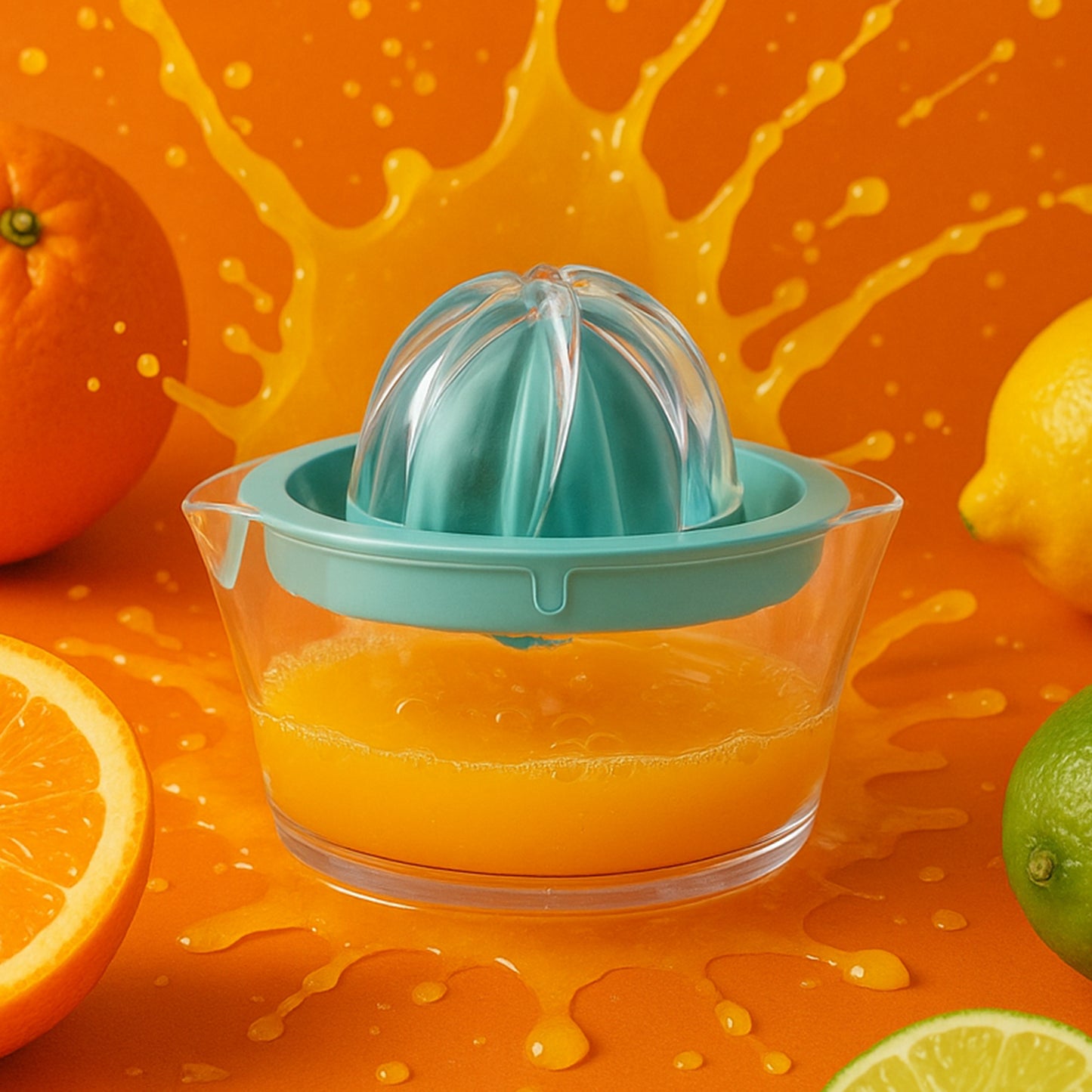 Wukusy manual citrus juice squeezer for oranges, lemons, limes with BPA-free plastic press, pourer, and lid for home use.