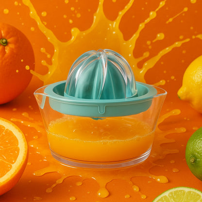 Wukusy manual citrus juice squeezer for oranges, lemons, limes with BPA-free plastic press, pourer, and lid for home use.