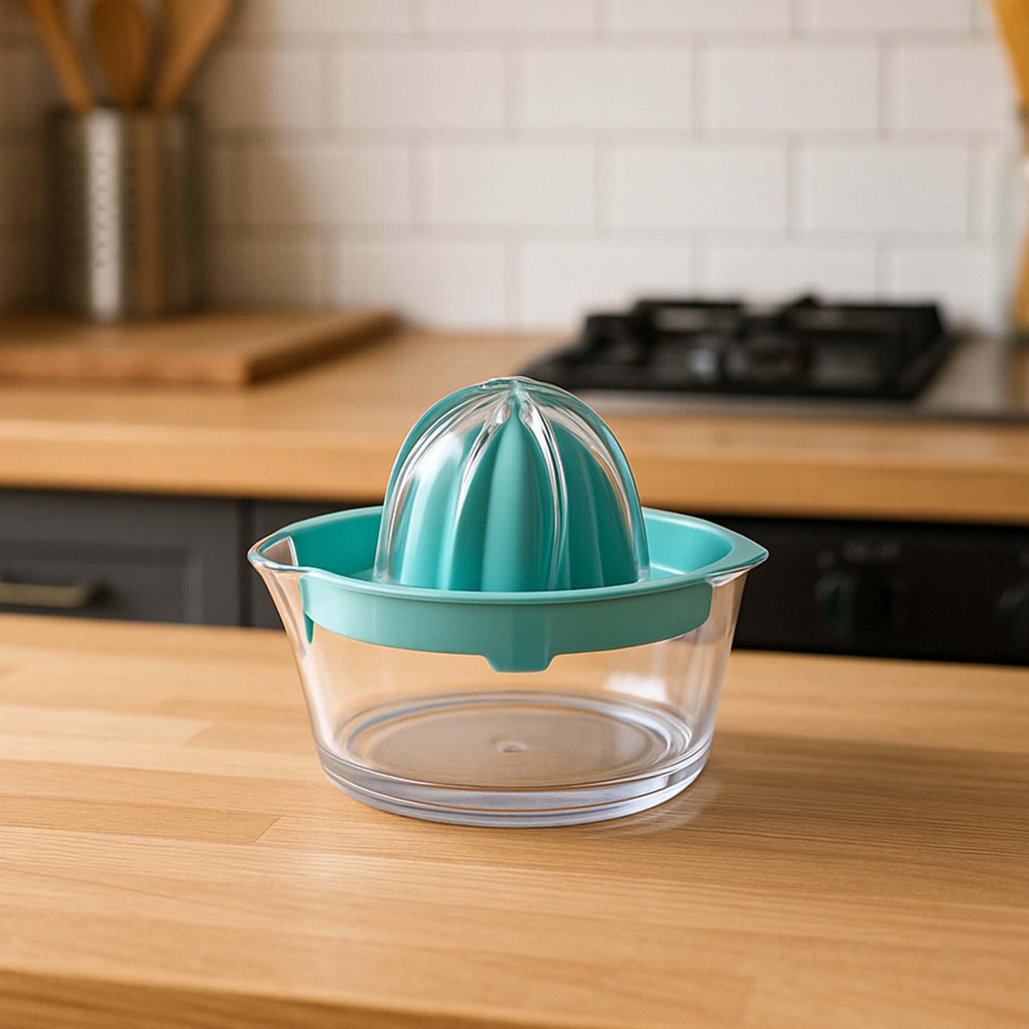 Wukusy manual citrus juice squeezer with lid, BPA-free plastic press for oranges, lemons, limes, and other fruits in a kitchen setting.