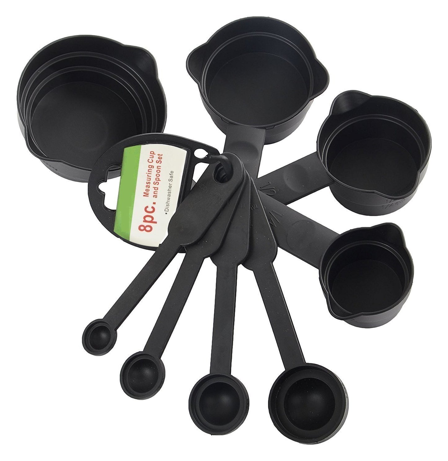 Set of 8 black plastic measuring cups and spoons from Wukusy for precise cooking and baking in home kitchen.