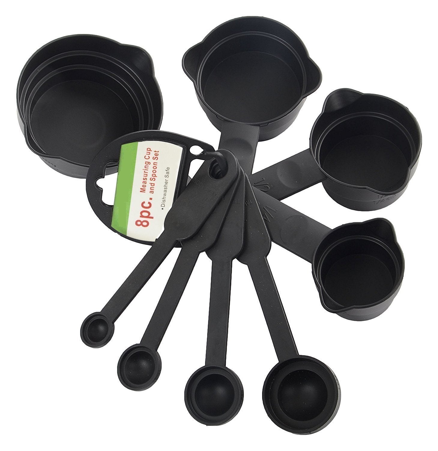 Set of 8 black plastic measuring cups and spoons from Wukusy for precise cooking and baking in home kitchen.