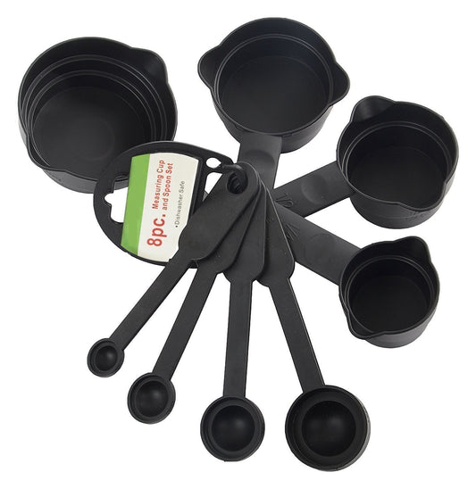 Set of 8 black plastic measuring cups and spoons from Wukusy for precise cooking and baking in home kitchen.