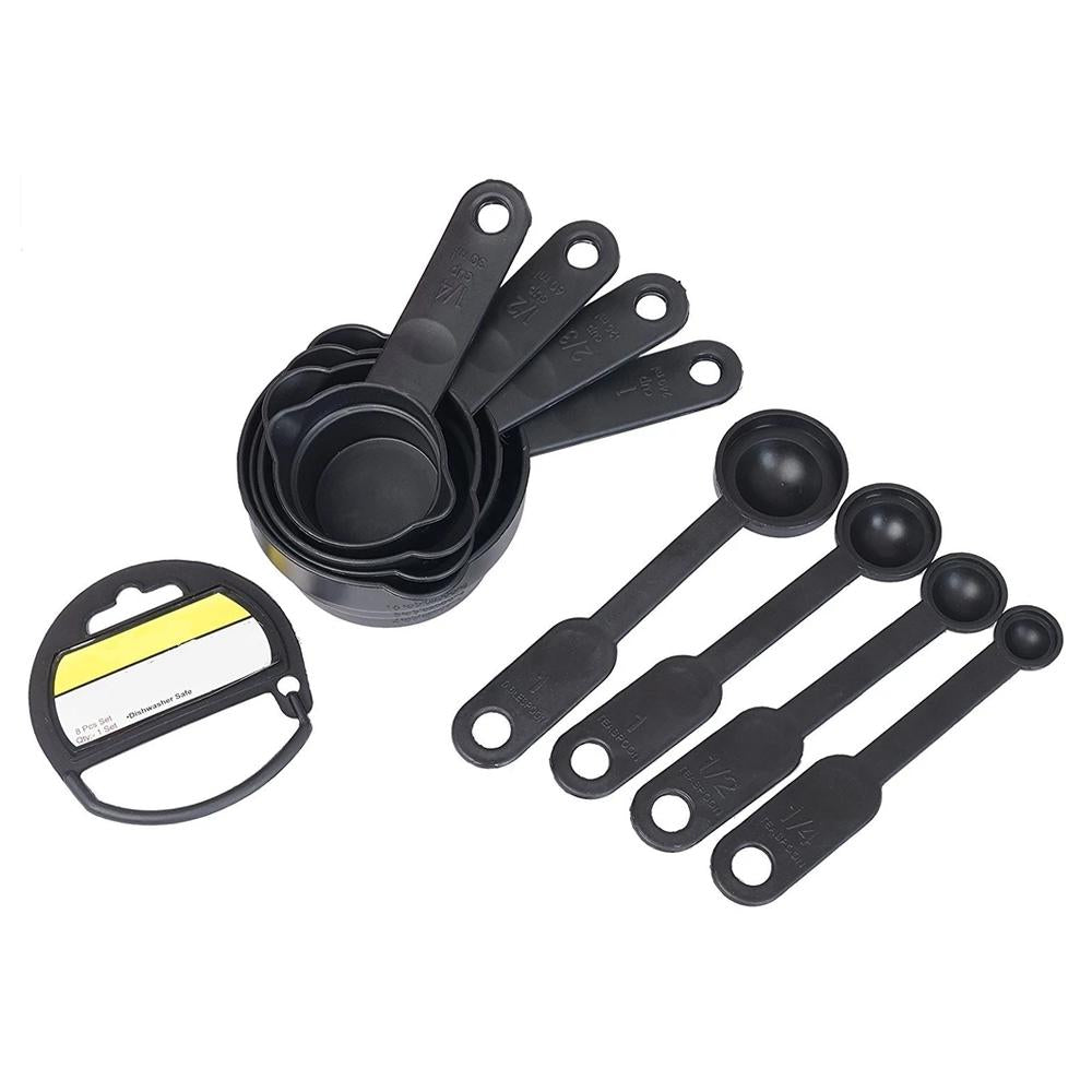Set of 8 black plastic measuring cups and spoons from Wukusy for precise kitchen measurements, including various sizes.
