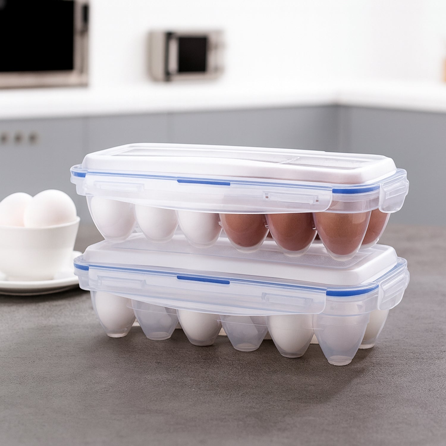 Wukusy egg storage tray in a kitchen, designed to hold and organize eggs efficiently in a home kitchen setting.