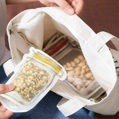 Wukusy 150ml reusable plastic mason jar with airtight seal and zipper for food storage in home and kitchen use.