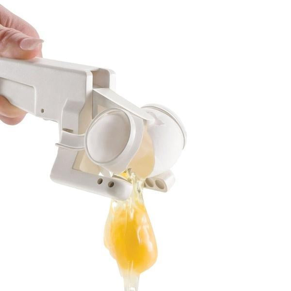 Wukusy plastic handheld egg cracker with separator, kitchen tool for easy egg cracking and separating whites from yolks.