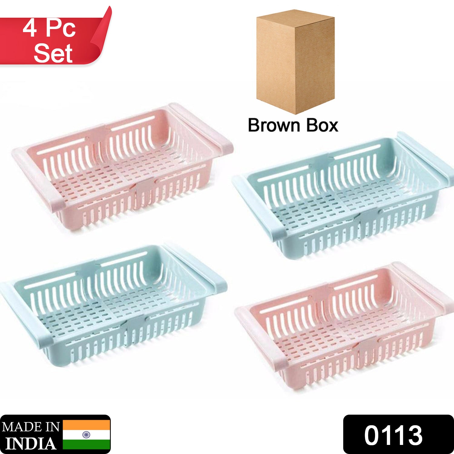 Set of four Wukusy adjustable fridge storage baskets and sliding racks for organized home and kitchen refrigerator storage.