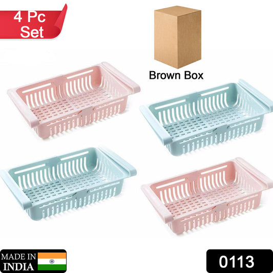Set of four Wukusy adjustable fridge storage baskets and sliding racks for organized home and kitchen refrigerator storage.