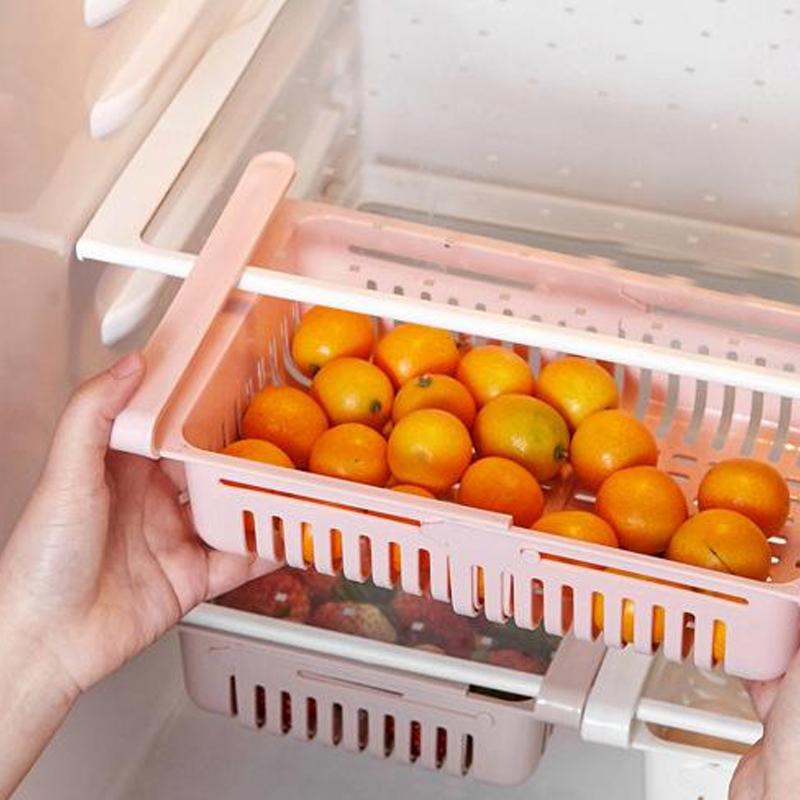 Set of four Wukusy adjustable fridge storage baskets and sliding racks for organized kitchen and refrigerator organization.