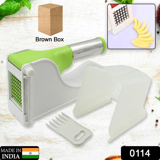 Wukusy Virgin Plastic French Fry Slicer with container for easy potato chip cutting in home kitchen.
