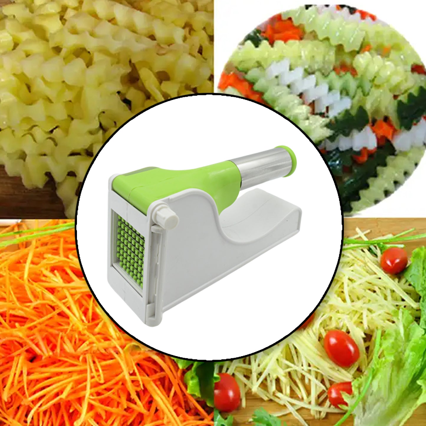 Wukusy Virgin Plastic French Fry Slicer with container for making homemade potato chips and fries in the kitchen.