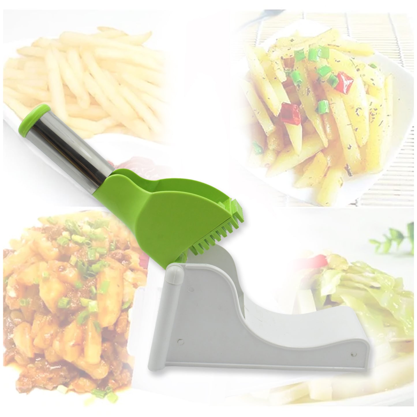 Wukusy Virgin Plastic French fry slicer with container for home kitchen, designed to cut potatoes into uniform fries.