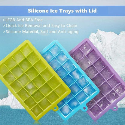 Colorful Wukusy silicone ice cube tray with 24 cavities for making multiple ice cubes in a home kitchen setting.