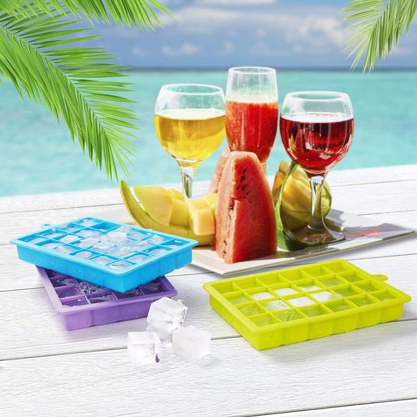 Colorful Wukusy silicone ice cube tray with 24 cavities, perfect for making multiple ice cubes in a home kitchen setting.