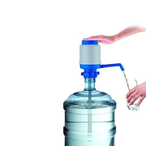 Wukusy 116 Hand Press Water Pump Dispenser for home and kitchen use, showing the pump in action on a water bottle.