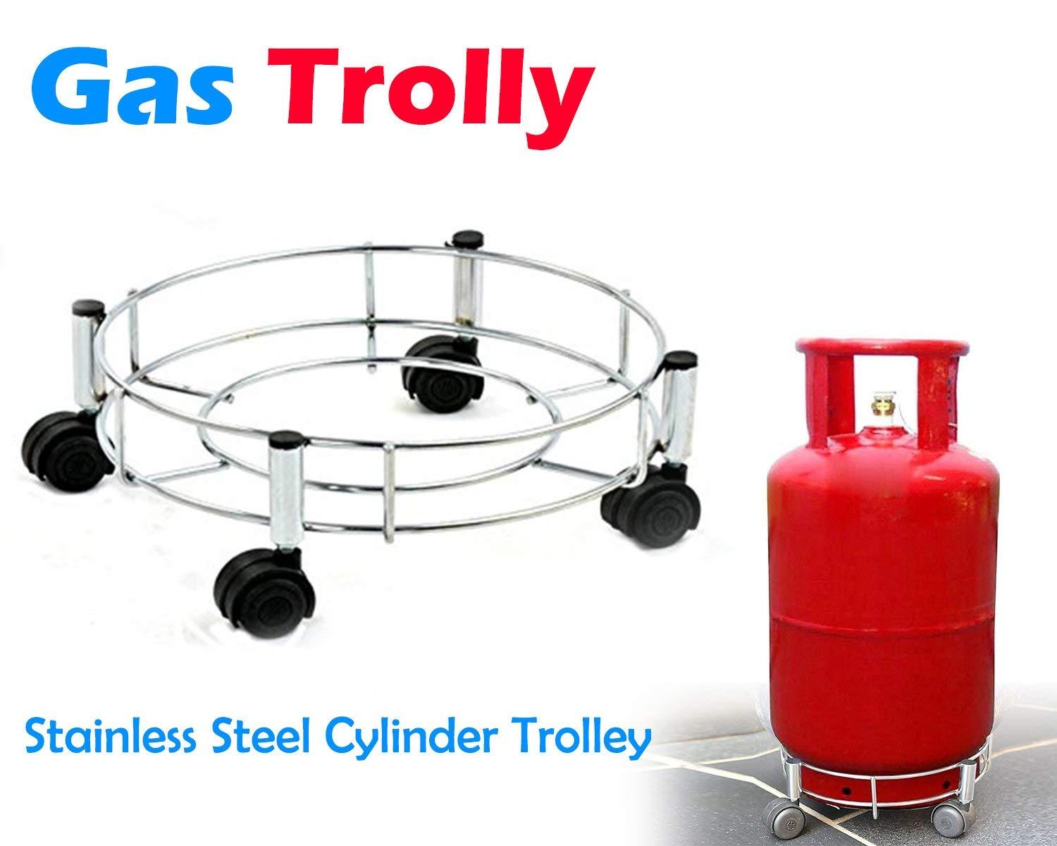 Stainless steel gas cylinder trolley by Wukusy designed for home and kitchen use, with sturdy wheels and secure support.