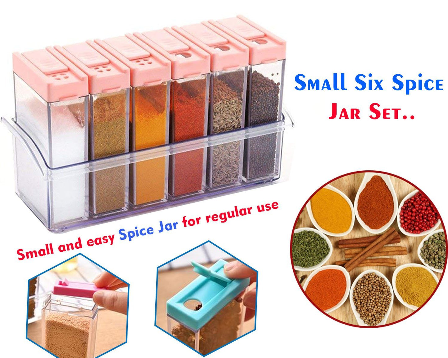 Set of six multicolour plastic spice jars by Wukusy, 14x22x8cm, ideal for kitchen storage and organization.