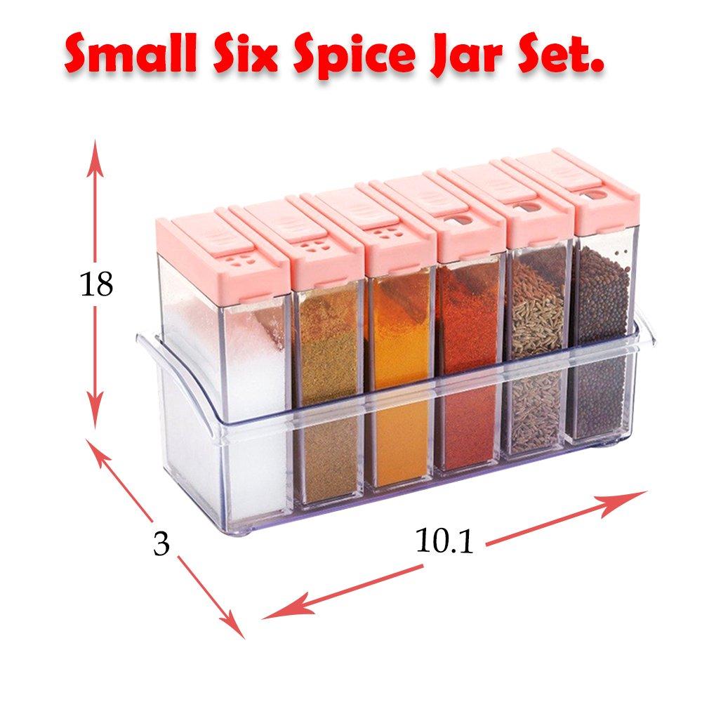 Six multicolored plastic spice jars from Wukusy, 14x22x8cm, ideal for organizing spices in home and kitchen storage.
