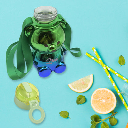 Cute Wukusy plastic water bottle for kids with straw, adjustable shoulder strap, colorful stickers, portable drinking cup for children