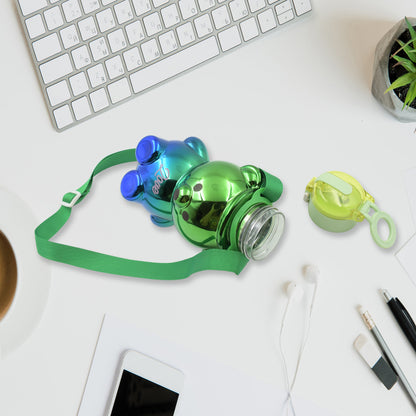 Cute Wukusy plastic water bottle for kids with straw, adjustable shoulder strap, colorful stickers, portable drinking cup for children.