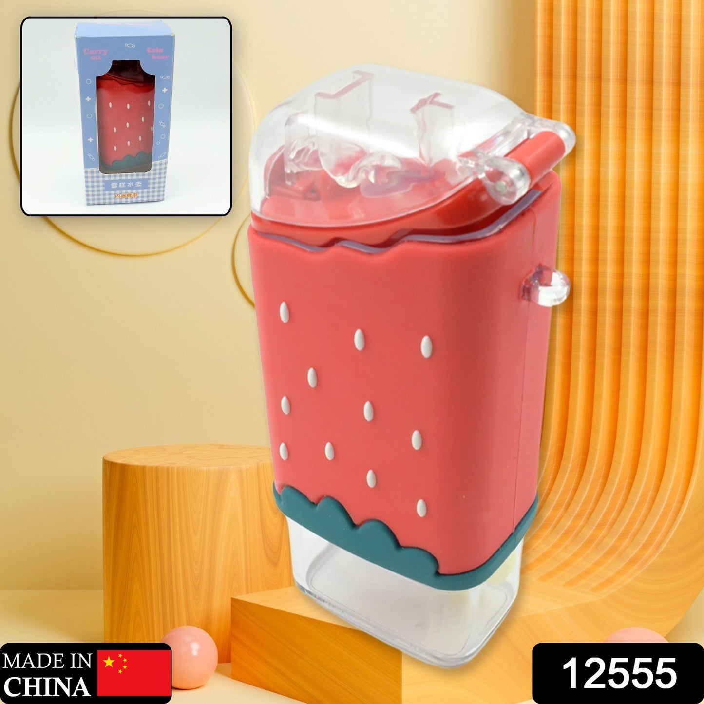 Wukusy ice cream-shaped kids water bottle with straw, adjustable strap, BPA-free plastic, leakproof design, 300ml capacity.