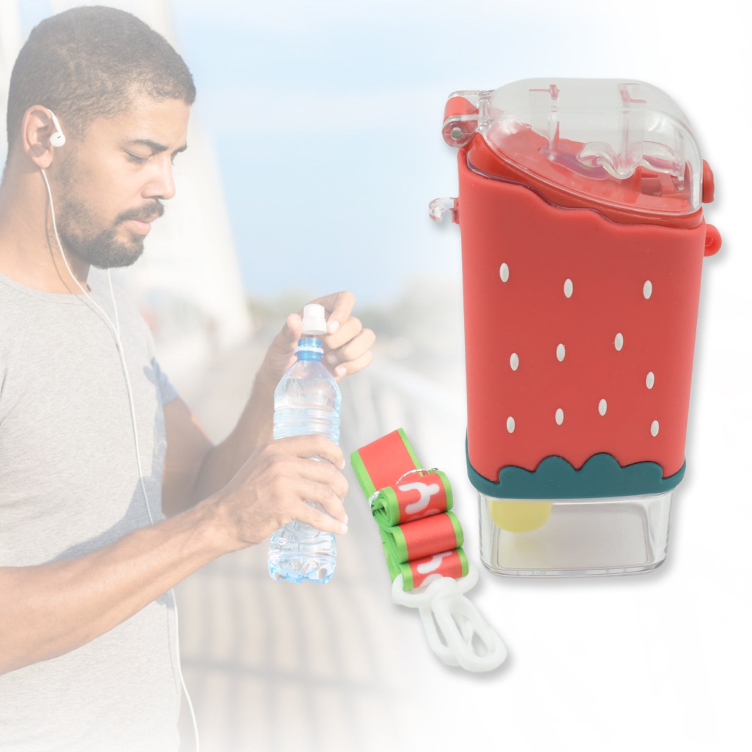 Wukusy ice cream-shaped kids water bottle with straw, adjustable strap, BPA-free, leakproof, 300ml plastic cup for children.