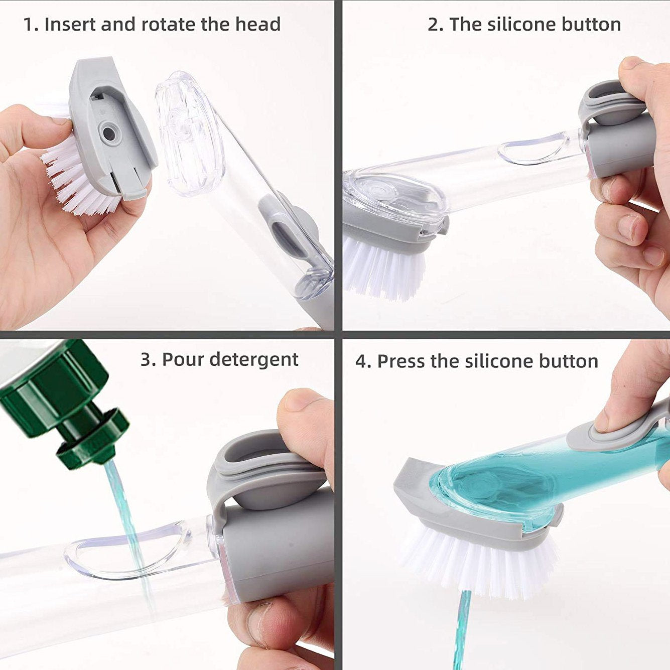 Wukusy automatic liquid dispenser dish scrub brush with a handle and sponge for efficient kitchen cleaning.