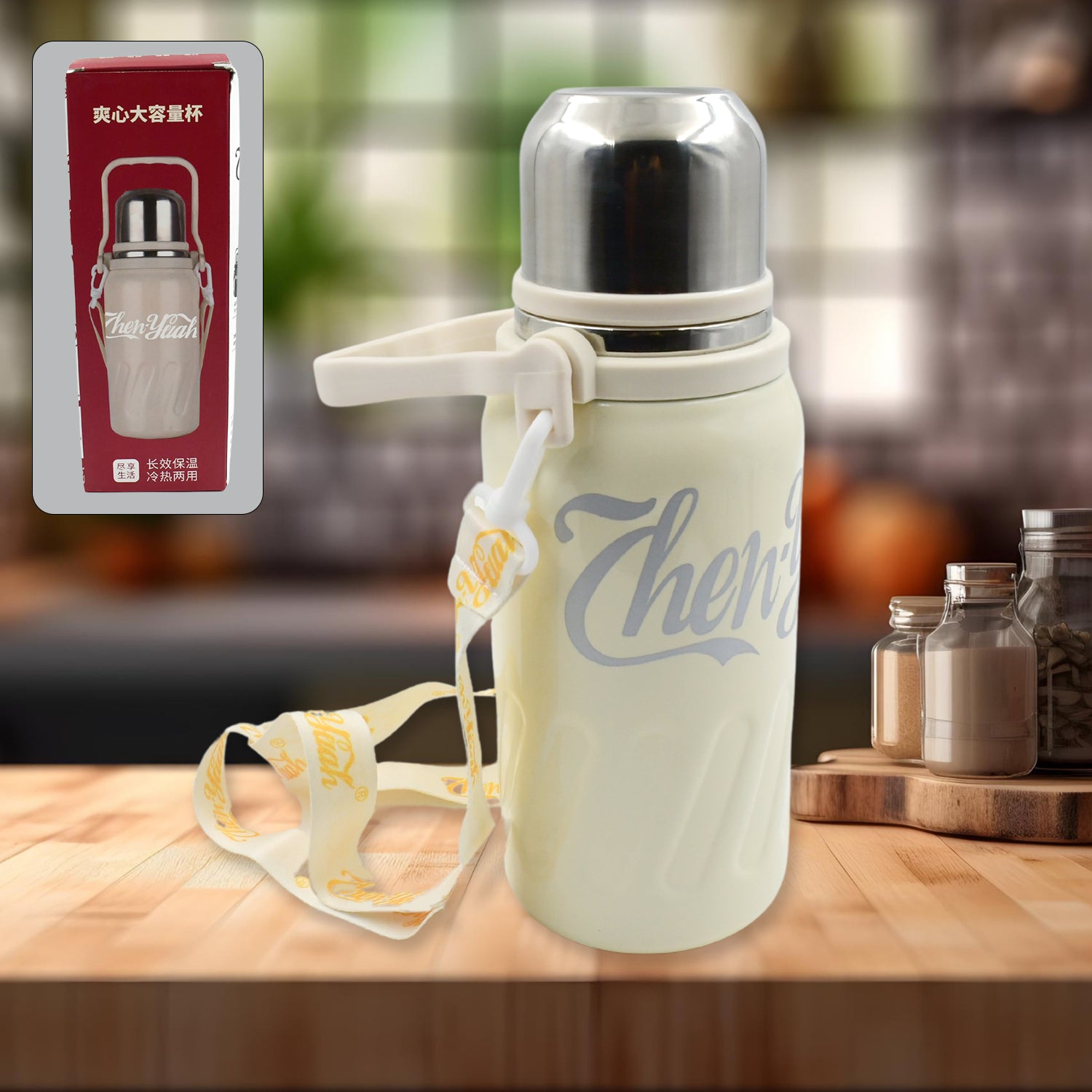 Wukusy 900ml stainless steel vacuum insulated water bottle with leak-proof lid, hanging strap, wide mouth for hot and cold drinks.