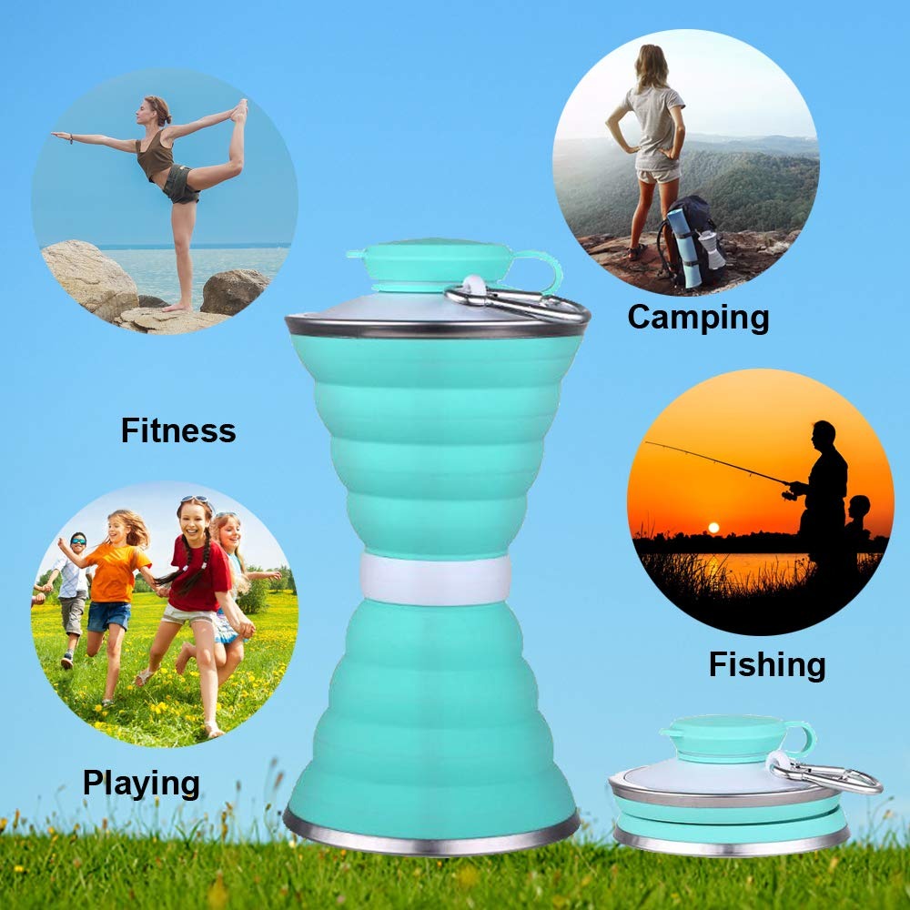Wukusy silicone traveling water bottle, BPA-free, leak-proof, collapsible, lightweight, ideal for camping, hiking, gym, and outdoor activities.