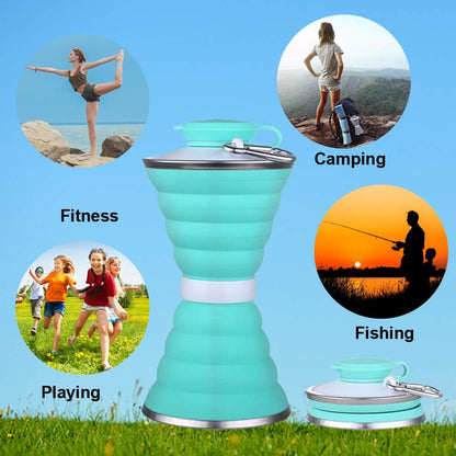 Wukusy silicone traveling water bottle, BPA-free, leak-proof, collapsible, lightweight, ideal for camping, hiking, gym, and outdoor activities.