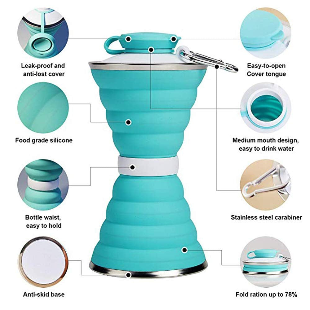 Wukusy silicone traveling water bottle, BPA-free, leak-proof, collapsible and lightweight for camping, gym, hiking, and outdoor activities.