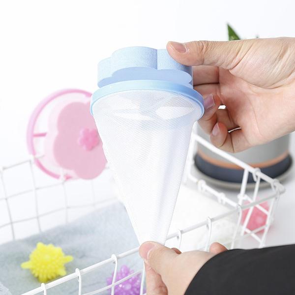 Wukusy washing machine floating filter lint mesh bag with net pouch for catching hair and lint, designed for home and kitchen use.
