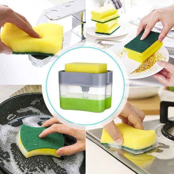Wukusy liquid soap dispenser on countertop with sponge holder, designed for pet-friendly home and kitchen use.