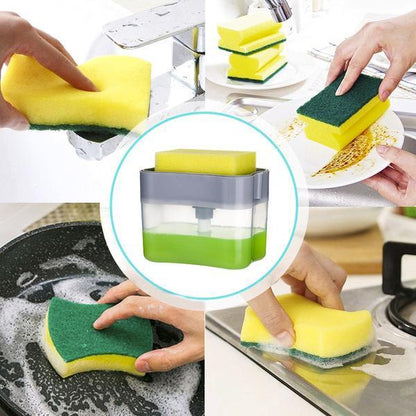 Wukusy liquid soap dispenser on countertop with sponge holder, designed for pet-friendly home and kitchen use.