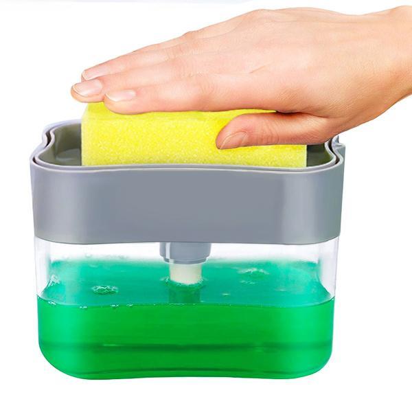 Wukusy liquid soap dispenser on countertop with sponge holder for pet, in a home and kitchen setting, with soap and sponge visible