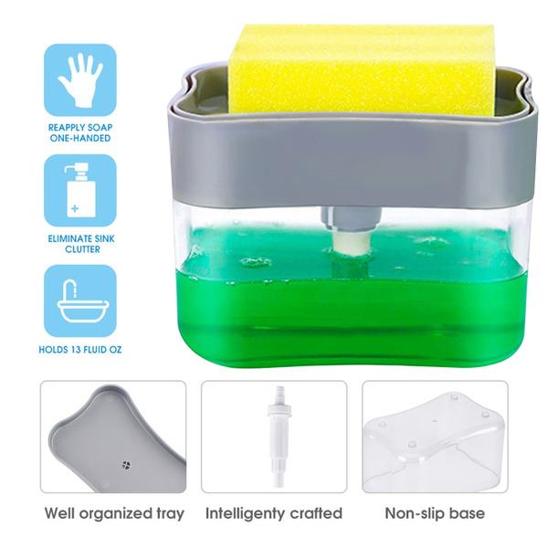 Wukusy liquid soap dispenser on countertop with sponge holder for pet grooming or kitchen use, in a home and kitchen setting.