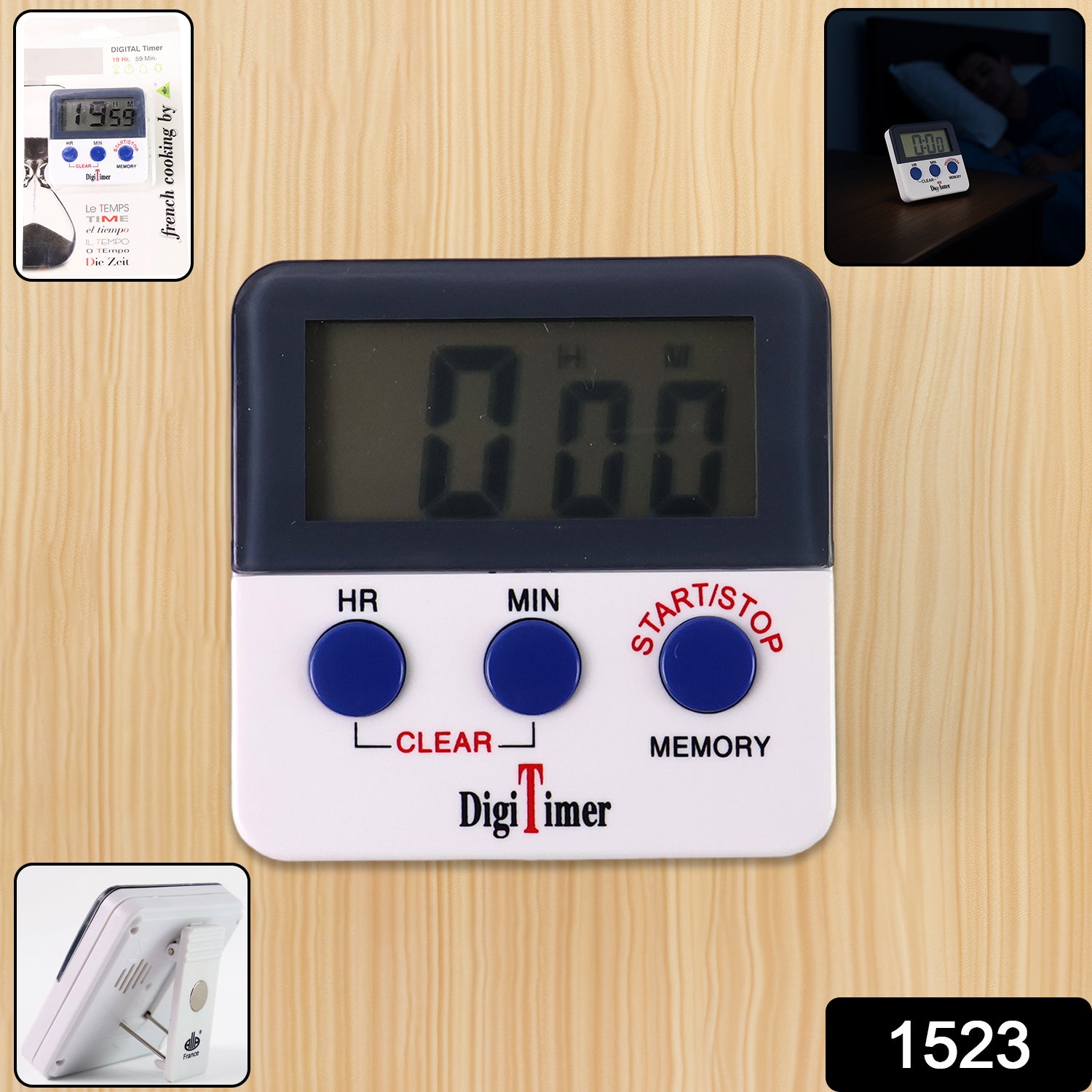 Wukusy digital kitchen timer with alarm and magnetic stand, also used as a stopwatch and study timer, in a home kitchen setting.