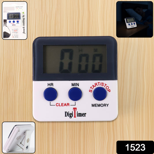 Wukusy digital kitchen timer with alarm and magnetic stand, also used as a stopwatch and study timer, in a home kitchen setting.