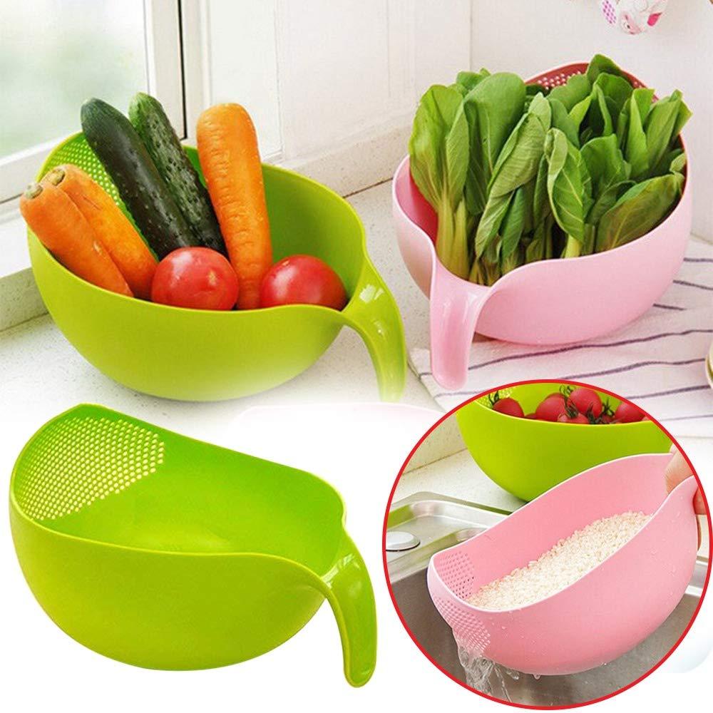 Wukusy thick rice bowl with handle, kitchen drain basket for rinsing and draining food, durable home and kitchen use.