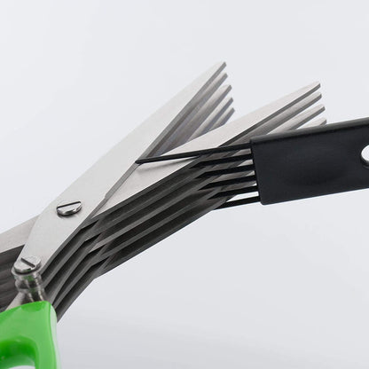 Wukusy multifunction vegetable herb scissors with five stainless steel blades, designed for kitchen chopping and herb preparation.