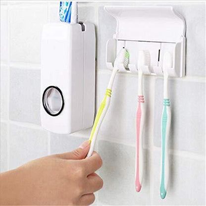 Wukusy 174 toothpaste dispenser and toothbrush holder mounted on bathroom wall for organized brushing essentials.