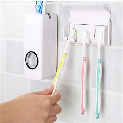 Wukusy 174 toothpaste dispenser and toothbrush holder mounted on bathroom wall for organized brushing essentials.
