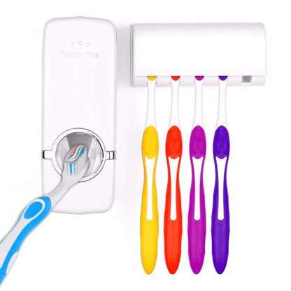 Wukusy toothpaste dispenser and toothbrush holder mounted on bathroom wall, white plastic with multiple compartments for oral care tools.
