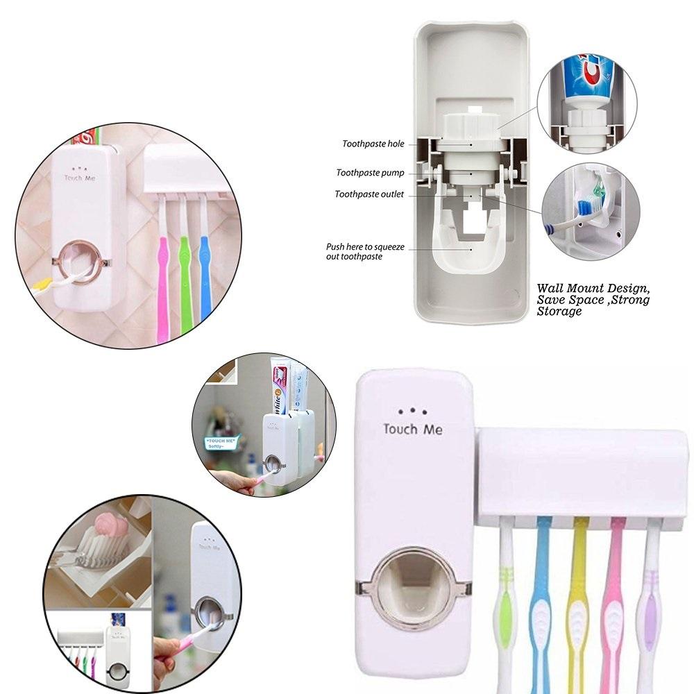Wukusy toothpaste dispenser and toothbrush holder in a modern bathroom countertop, made of durable plastic.