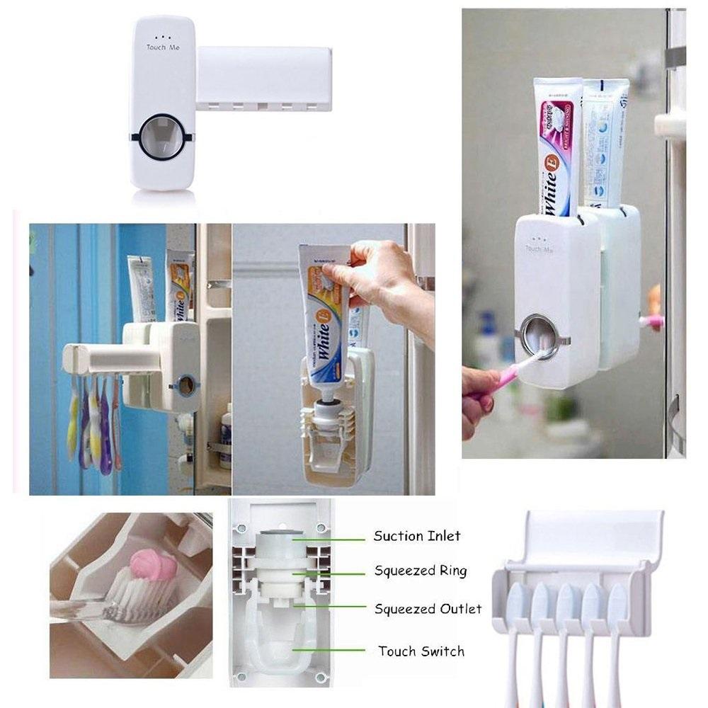 Wukusy toothpaste dispenser and toothbrush holder in a modern bathroom, mounted on the wall for organized oral hygiene storage.