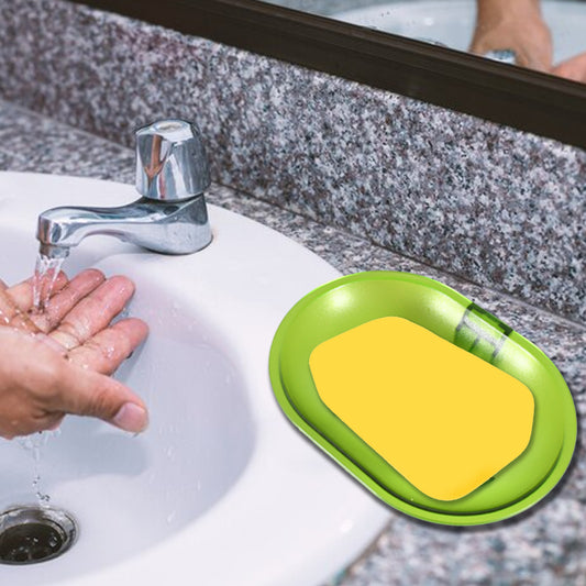 Wukusy plastic soap dish holder for bathroom and kitchen, wall-mounted with self-adhesive design and sponge storage tray.