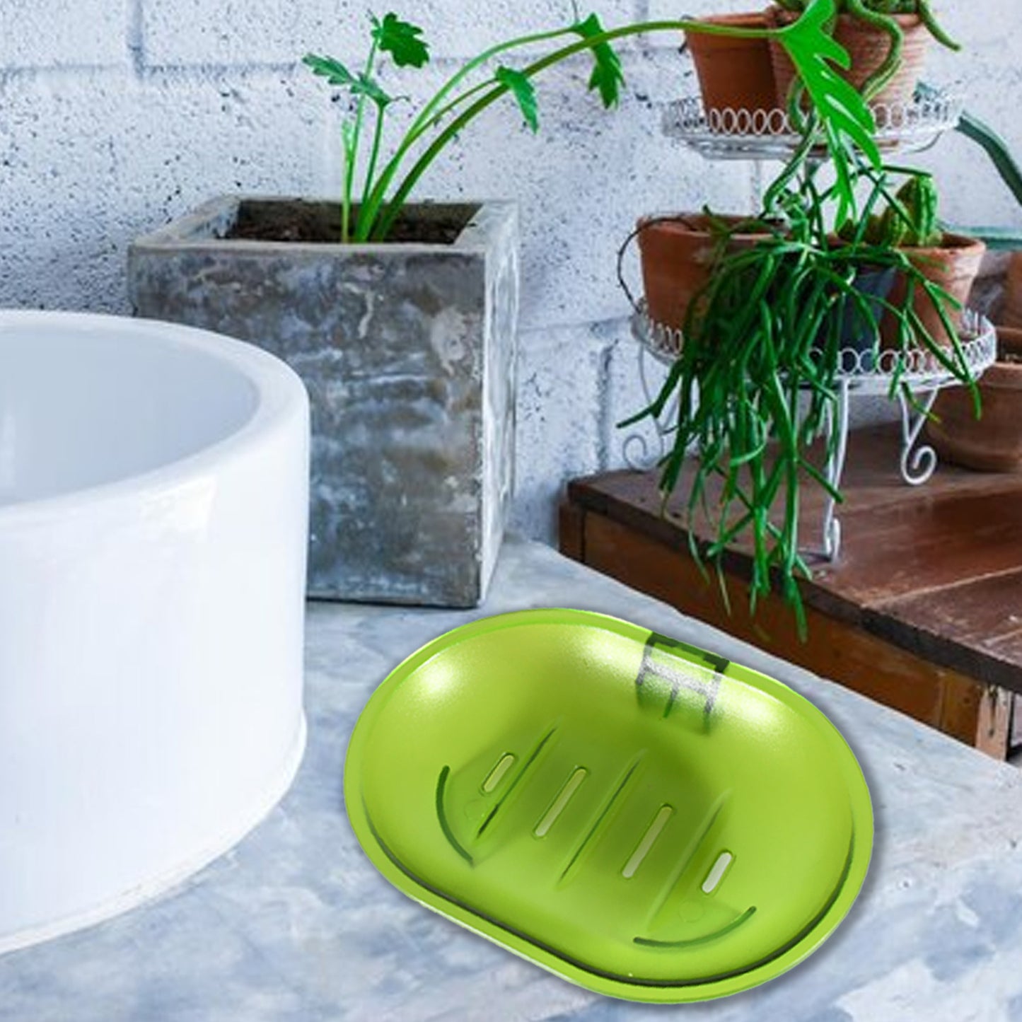 Wukusy plastic soap dish holder with wall-mounted design, self-adhesive bathroom shower soap and sponge storage tray.