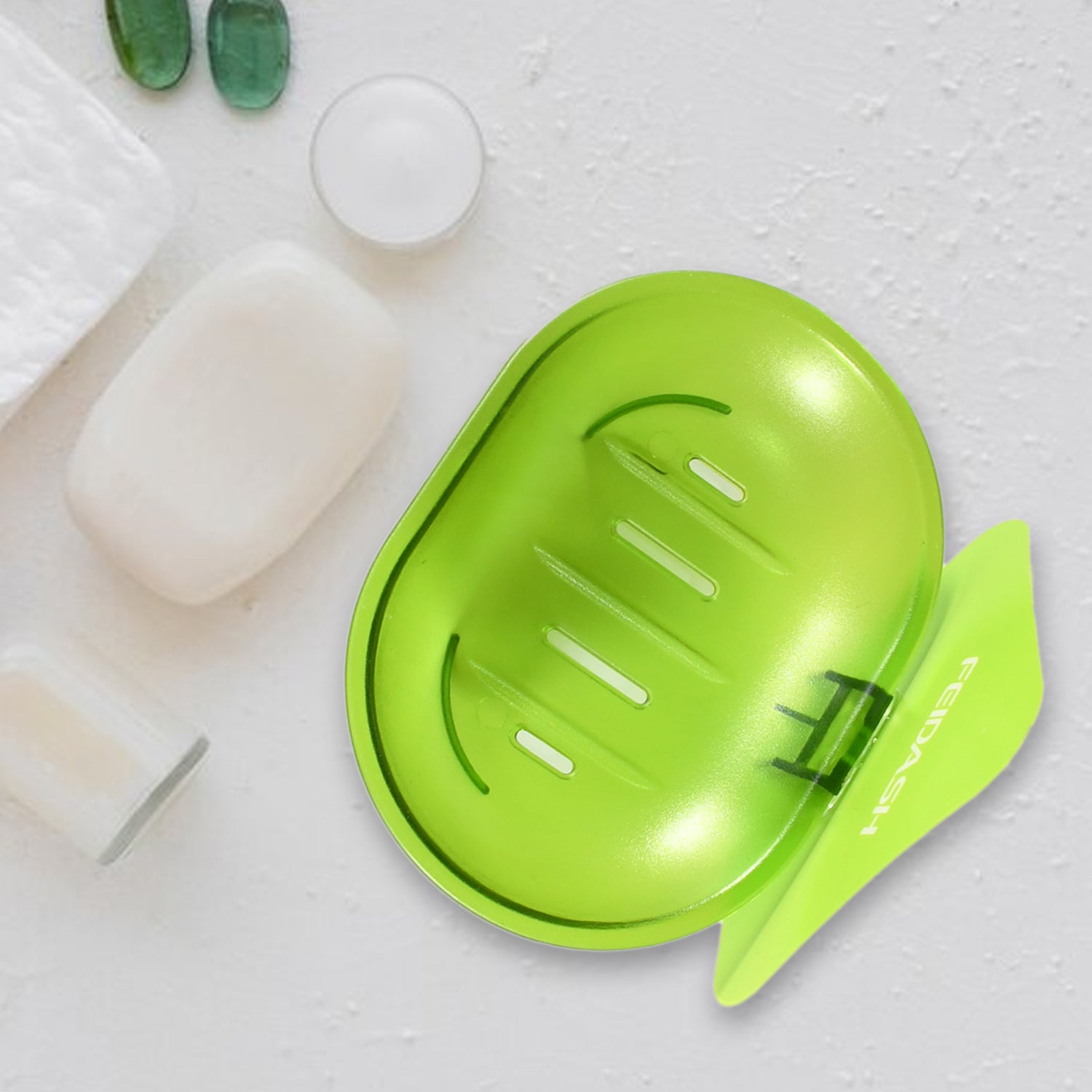 Wukusy plastic soap dish holder for bathroom and kitchen, wall-mounted with adhesive, includes sponge and soap storage tray.